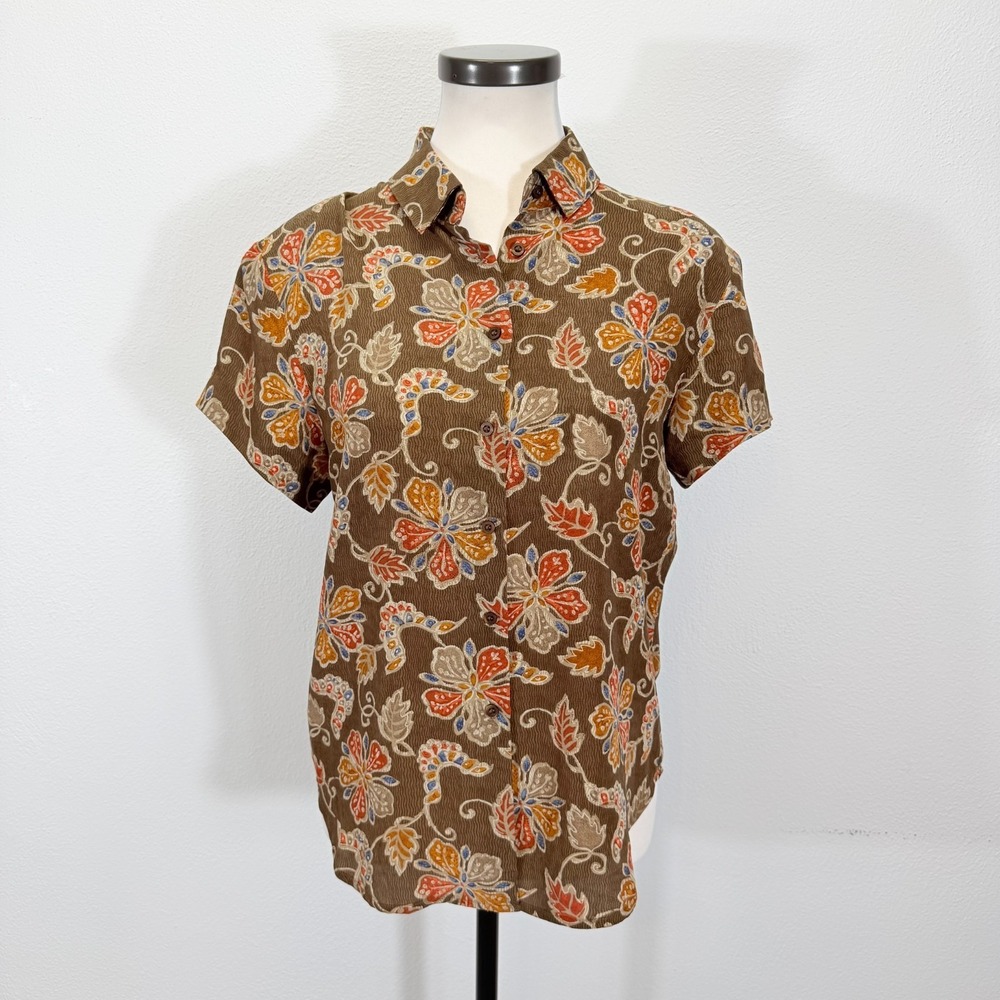 Rena Rowan NWT Vintage 100%‎ Silk Batik Floral Career Brown Orange Blouse Size 4
